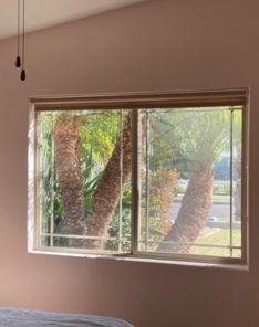 Saratoga guest bedroom window fitted with custom roller sheer shades, softly diffusing light for a cozy and welcoming atmosphere.