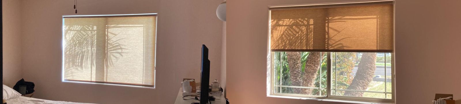 Close-up of bedroom window with elegant pull down window shades, showcasing premium sheer fabric and smooth operation.